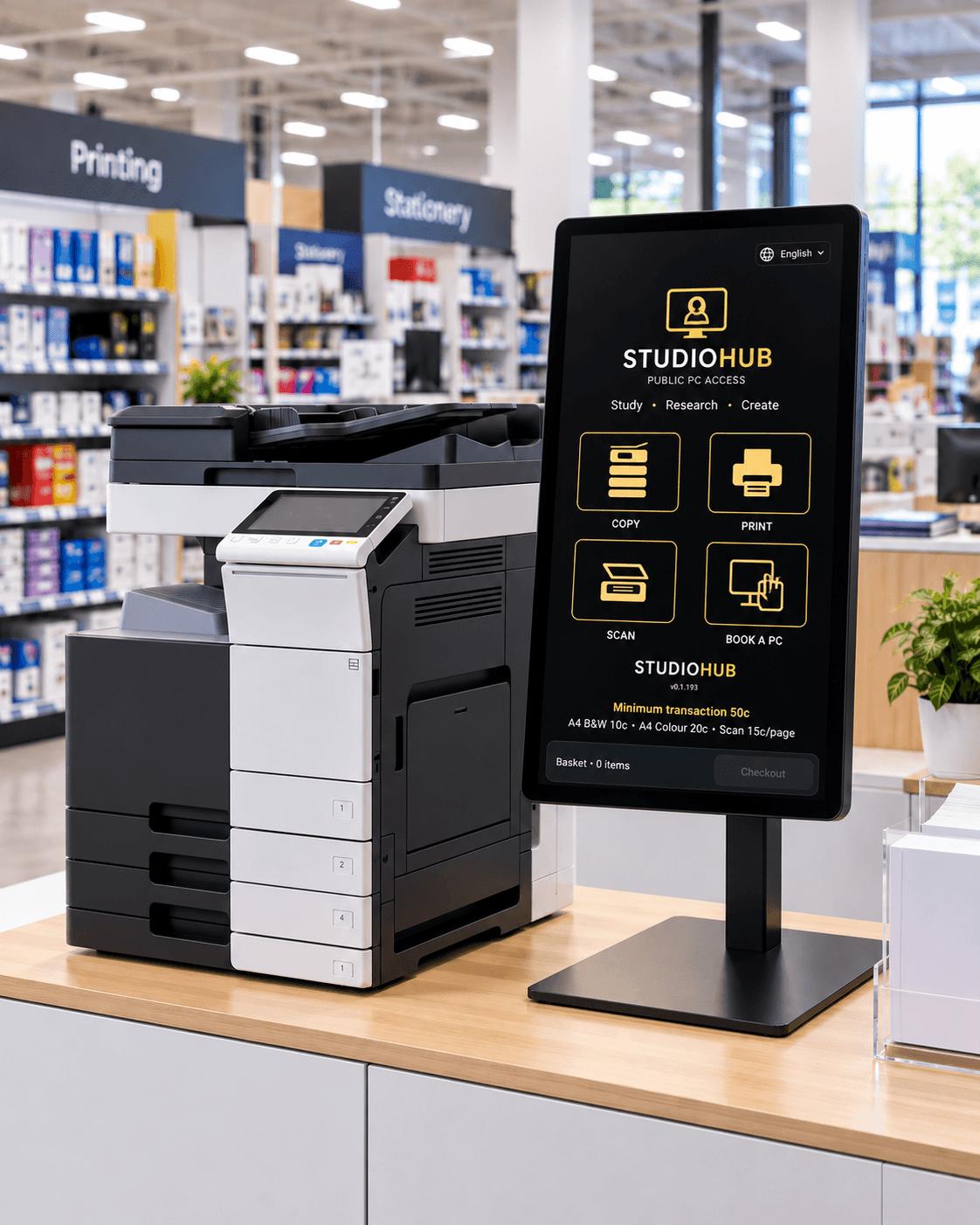 StudioHub document services kiosk beside a multifunction printer