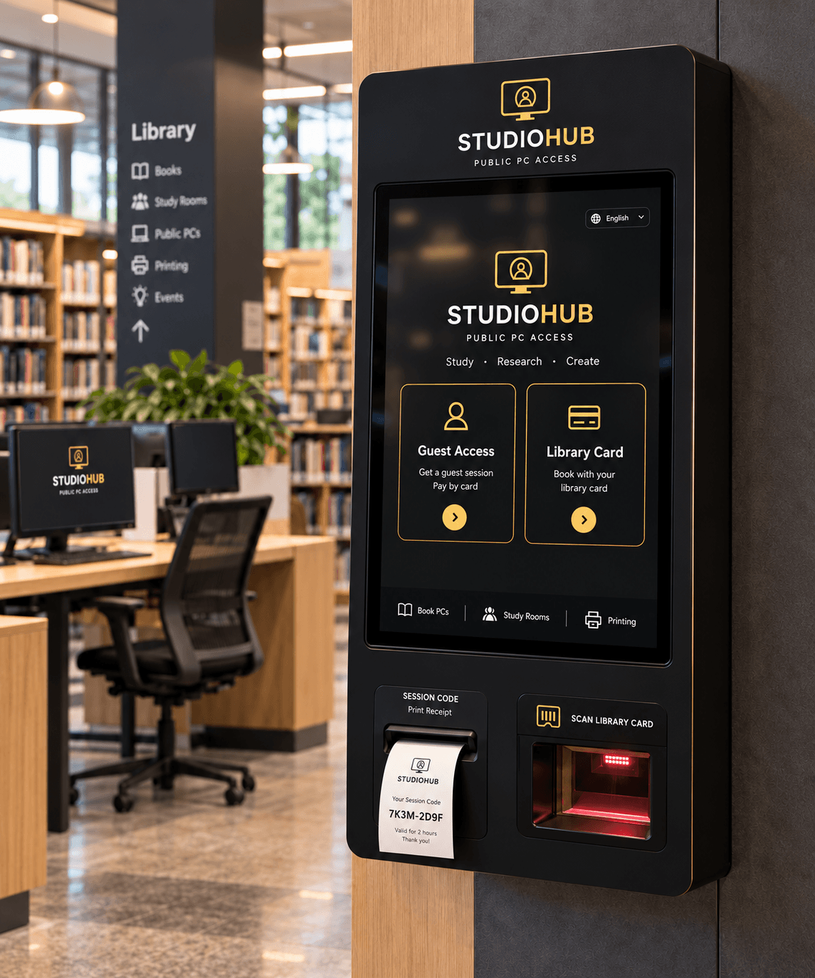StudioHub self-service access and booking kiosk in a library
