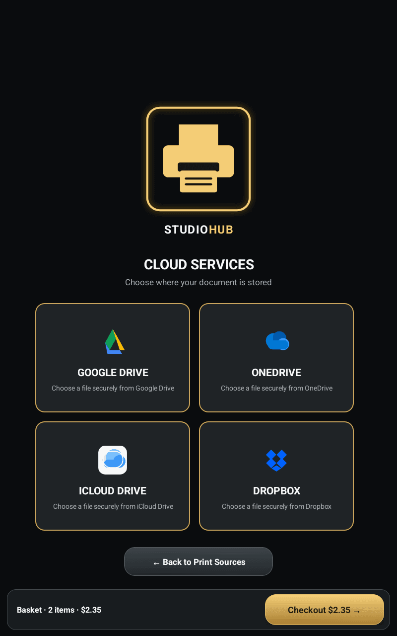 StudioHub Kiosk cloud document source selection screen