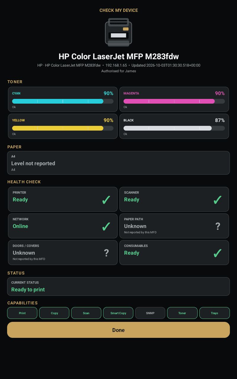 StudioHub Kiosk MFD device health screen