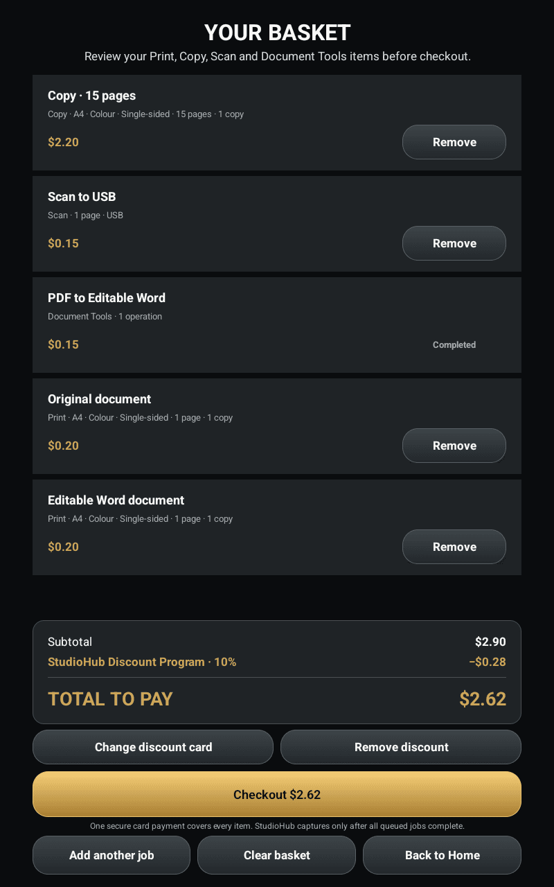 StudioHub Kiosk basket checkout screen