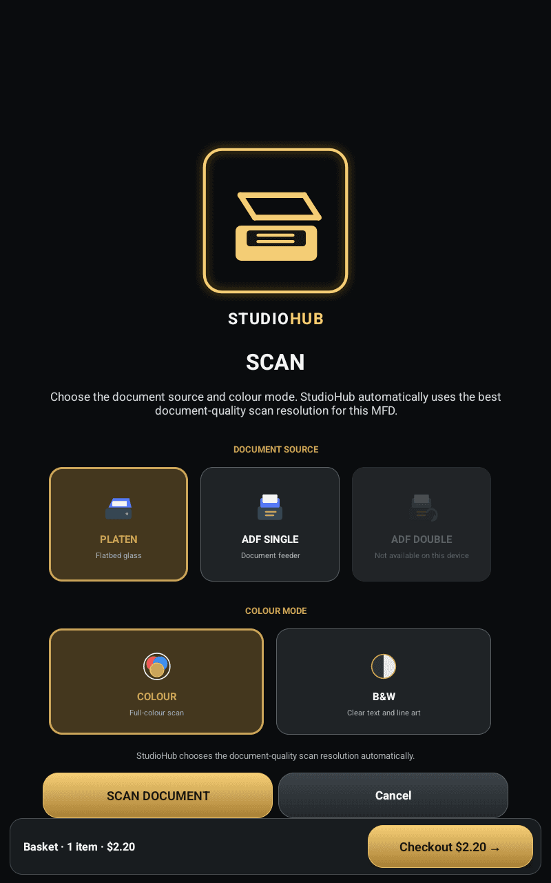 StudioHub Kiosk scan screen