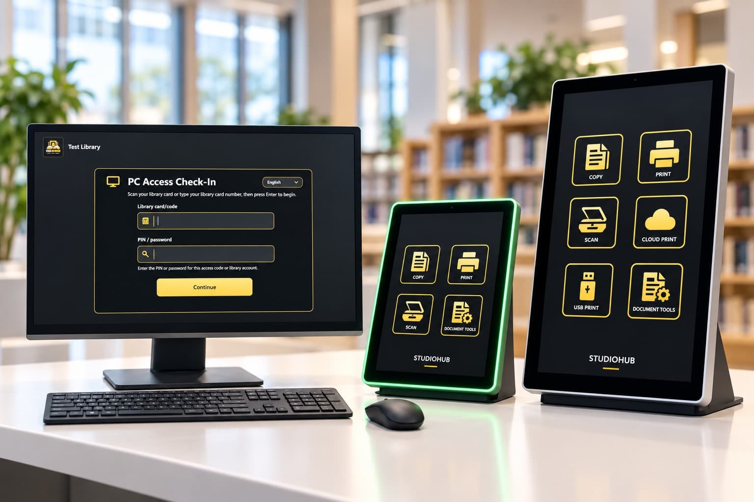 StudioHub running across a public PC workstation, compact Android kiosk and large-format self-service kiosk